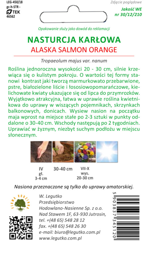 Nasturcja niska o liściach pstrych - Alaska Salmon Orange łososiowopomarańczowa 3.00g