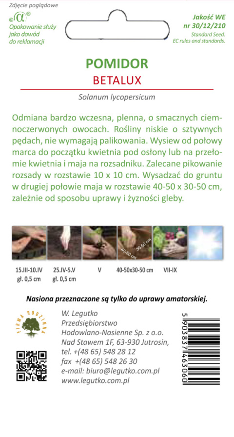 Pomidor gruntowy karłowy sztywnołodygowy Betalux - b. wczesna 0.80+0.20G