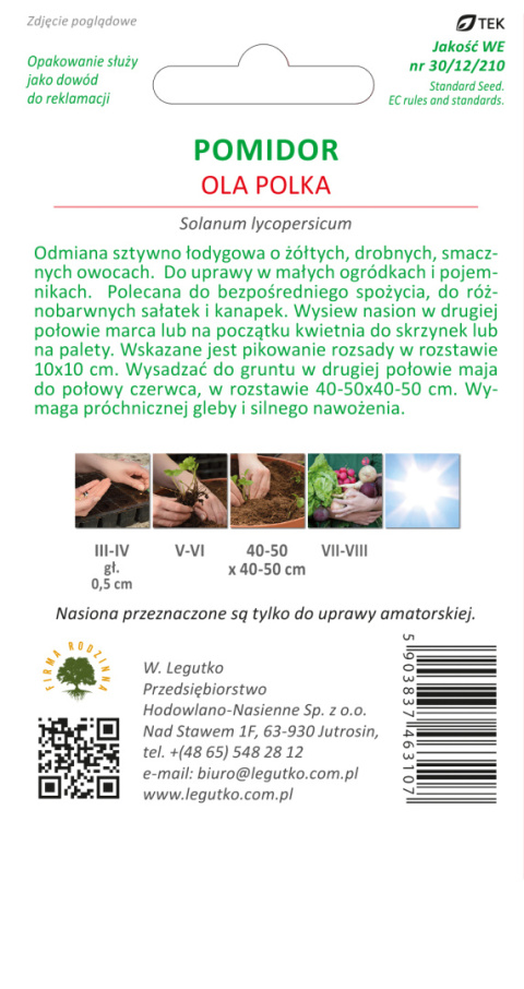 Pomidor gruntowy karłowy sztywnołodygowy Ola Polka - owoce żółte, typ "coctalil" 1.00g