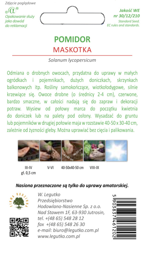 Pomidor gruntowy karłowy wiotkołodygowy Maskotka - owoce okrągłe, typ "coctail", wczesna 0.50G