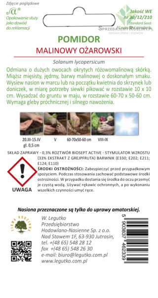 Pomidor gruntowy tyczny Malinowy Ożarowski - wczesna, owoce duże (nasiona zaprawiane) 0.50G