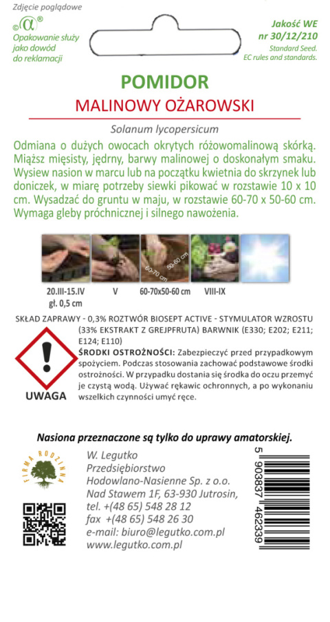 Pomidor gruntowy tyczny Malinowy Ożarowski - wczesna, owoce duże (nasiona zaprawiane) 0.50G