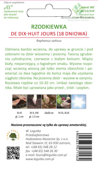 Rzodkiewka De dix-huit jours (18 dniowa) - półdługa, czerwona z białym końcem, b. wczesna 5.00+2.50g