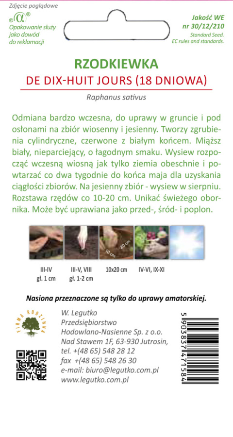 Rzodkiewka De dix-huit jours (18 dniowa) - półdługa, czerwona z białym końcem, b. wczesna 5.00+2.50g