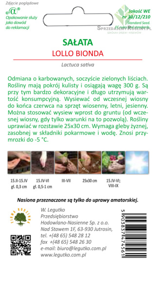 Sałata liściowa Lollo Bionda - zielona, liście fryzowane, wczesna 1.00G