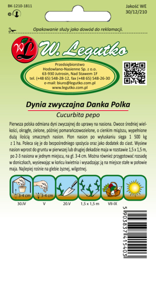 Dynia zwyczajna Danka Polka - na pestki, pomarańczowozielona, owoc 2,5-3 kg 3.00g