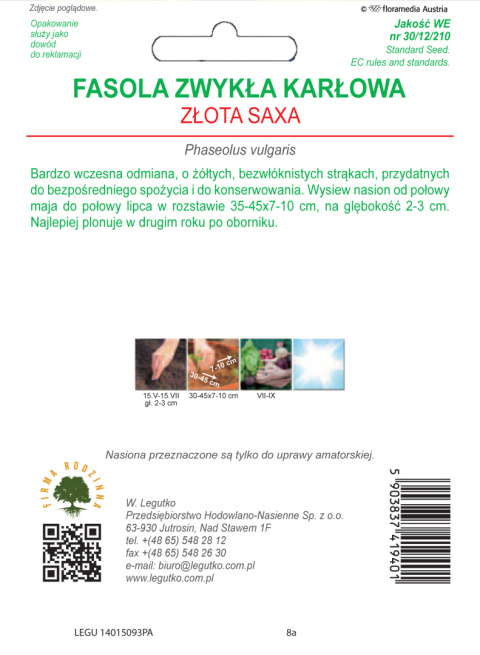 Fasola zwykła szparagowa karłowa żółtostrąkowa Złota Saxa - wczesna 40.00G